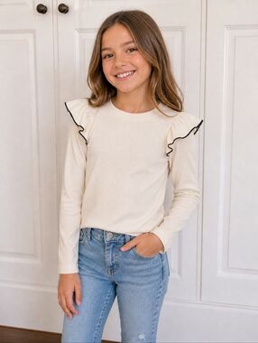 2/$50 ZARA Girls Ribbed Top 11-12 Cream Ruffle Shoulder Long Sleeve NWT